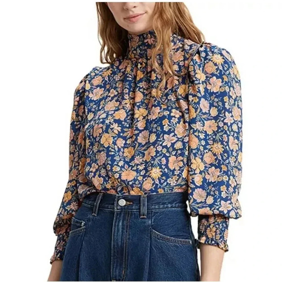 LEVI'S BLOUSE WOMEN'S S NAVY FLORAL CALLON LONG SLEEVE TOP COTTAGECORE S - Picture 1 of 8